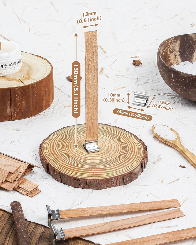 Wood Candle Wicks with Iron Stand Sustainer for Handmade DIY Craft Making 13 x 1