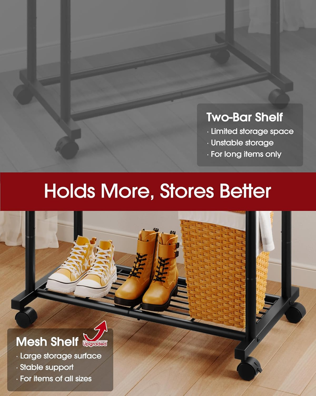 Clothing Rack - Double-Rod Coat Rack with Hooks & 4 Universal Wheels, Movable Me