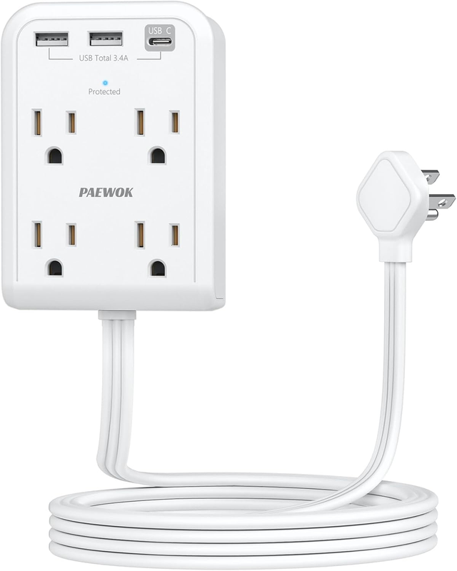 Extensor de toma de corriente plano con puertos USB C, 4 tomas de corriente y 3 enchufes USB