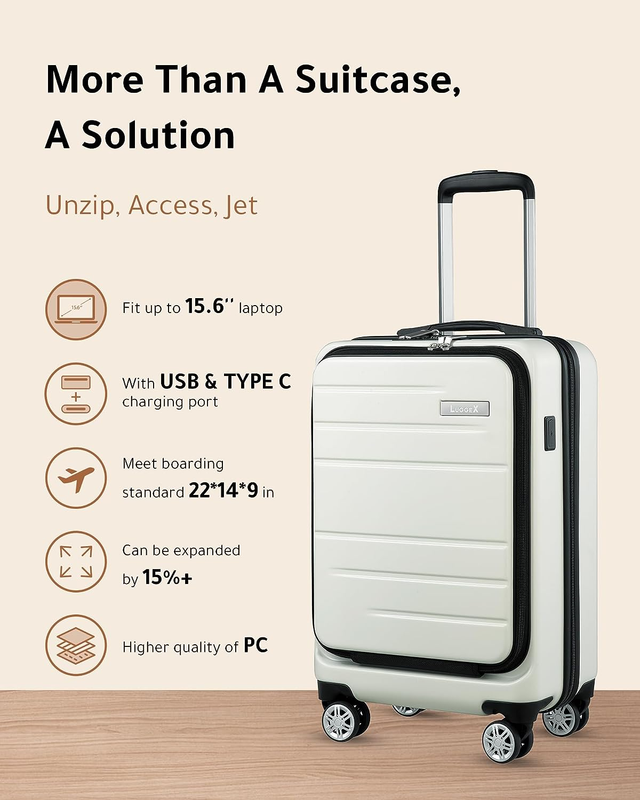 LUGGEX White Carry on Luggage 22X14X9 Airline Approved, Hard Shell Luggage with