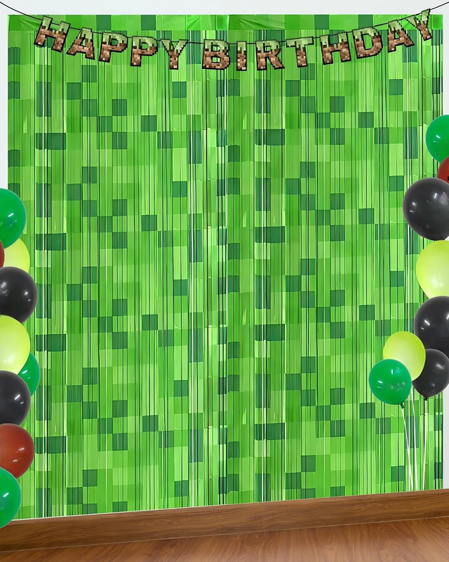 Pixel Miner Theme Foil Fringe Curtain Backdrop, Green, Pack of 2