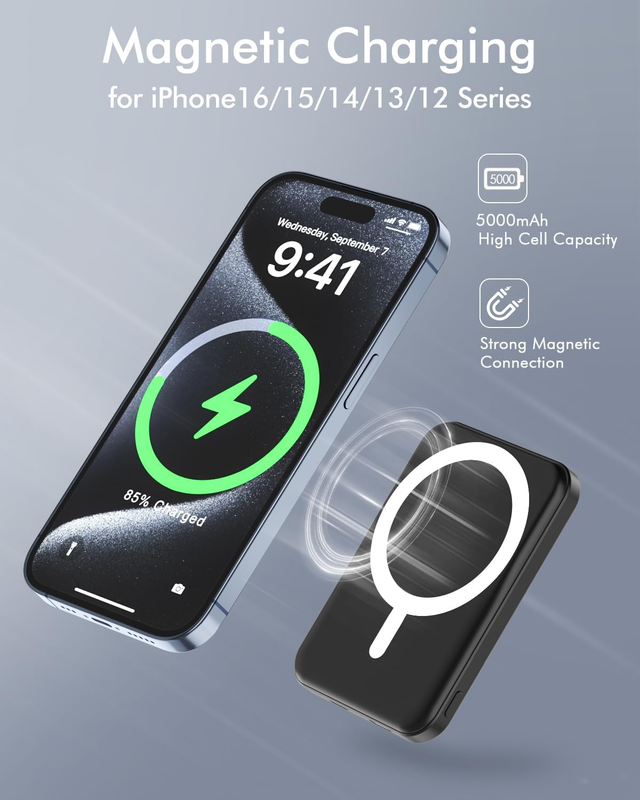 Mag-Safe Power Bank, Mini 5000mAh Magnetic Battery Pack Power Bank with USB-C Ca