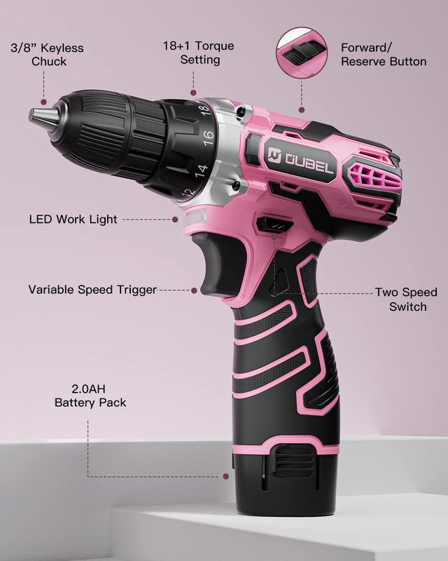 Drill Set, 12V Cordless Drill Pink with 42 Accessories, Pink Power Drill Cordles