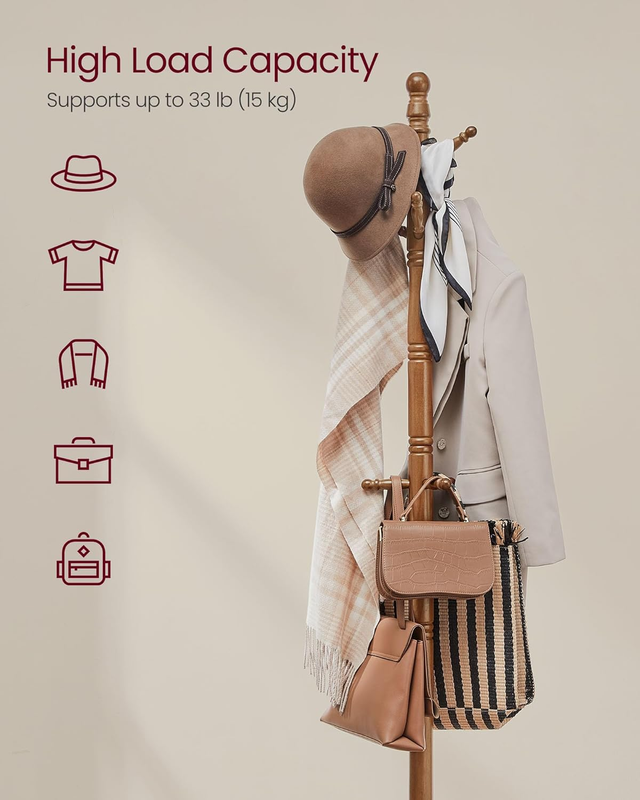 Coat Rack, Solid Wood Coat Stand, Free Standing Hall Coat Tree with 10 Hooks, Da