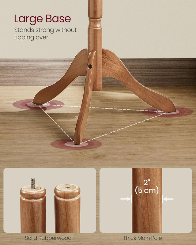 Coat Rack, Solid Wood Coat Stand, Free Standing Hall Coat Tree with 10 Hooks, Da