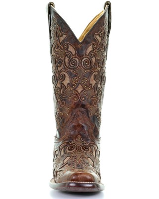 Pre-owned Corral Boots Corral Women's Inlay And Stud Accents Boot - Square Toe - A3326 In Brown