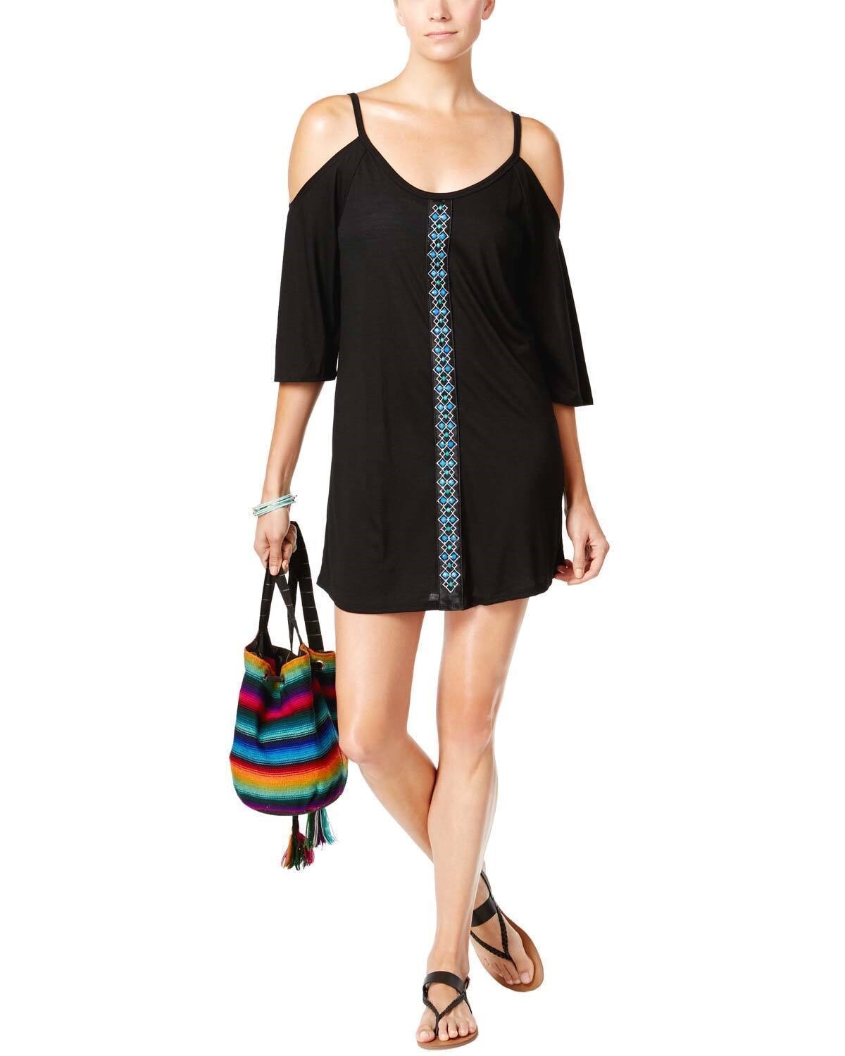 Dotti 140754 Womens Black Embellished Cold Shoulder Cover Up Dress Size Medium