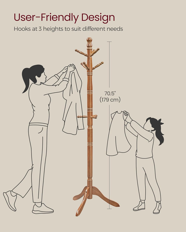 Coat Rack, Solid Wood Coat Stand, Free Standing Hall Coat Tree with 10 Hooks, Da