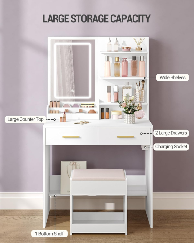 Vanity Desk with Mirror and Light, Makeup Vanity with Power Outlet, Open 3 Stora