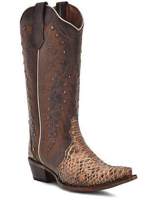 Pre-owned Circle G Circle Women's Exotic Python Studded Western Boot - Snip Toe - L6045 In Brown