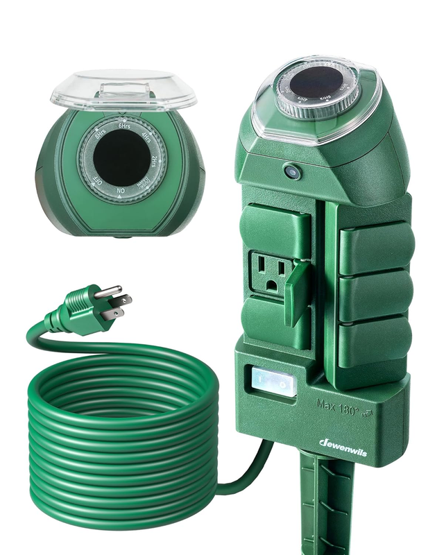Outdoor Power Strip Timer Photocell Dusk to Dawn 6 Outlet 10FT...