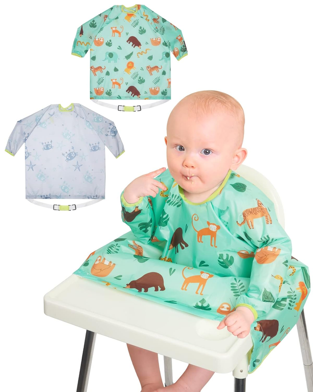 Coverall Baby Feeding Bibs - 2-Pack Long Sleeve Baby Bibs for Eating, Waterproof