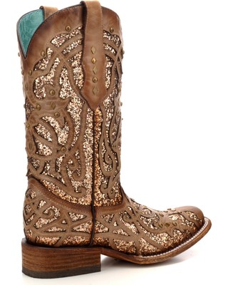 Pre-owned Corral Boots Corral Women's Orix Glitter Inlay And Studded Western Boot - Square Toe - C3275 In Brown