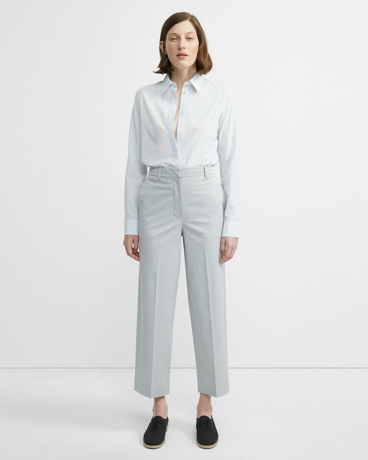 

NEW THEORY Синий Echo Серебристые прямые эластичные укороченные брюки-чинос с высокой посадкой