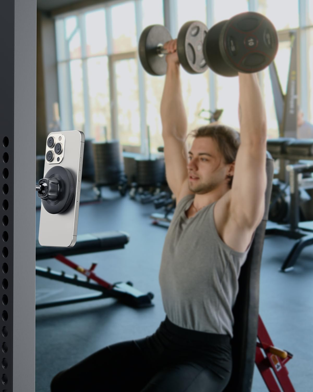 Magnetic Phone Holder for Gym, Alloy Base & Ball Joint, Attach to Metal Surfaces