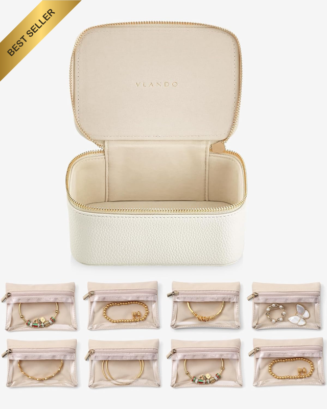 PU Leather Travel Jewelry Box with 8 Velvet Bags White