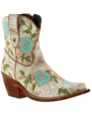 Pre-owned Liberty Black Women's Cobre Adela Floral Embroidered Western Booties Snip Toe - In White
