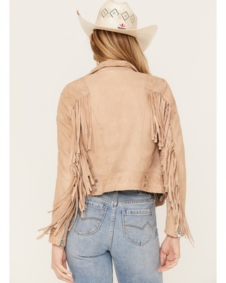 Pre-owned Mauritius Leather Women's Zoe Rf Fringe Leather Jacket - Zoe Rf Large In Beige