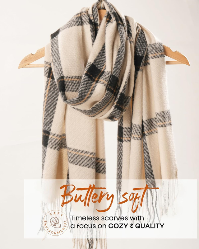 Warm Stylish Winter Scarf for Women Shawl Soft Tassel Plaid Large Oversized Scar