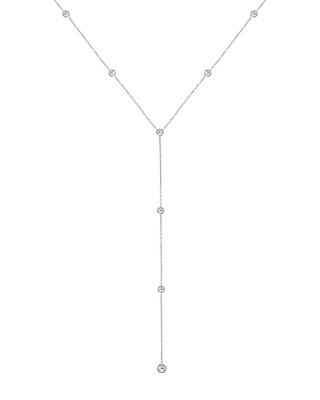14K White Gold Y-Style Gemstone Necklace With Round Shape White Topaz 20 Inches