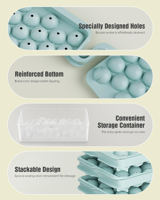 Round Ice Cube Trays with Lid and Bin - 3 Stackable Trays Small Circle Ice Maker
