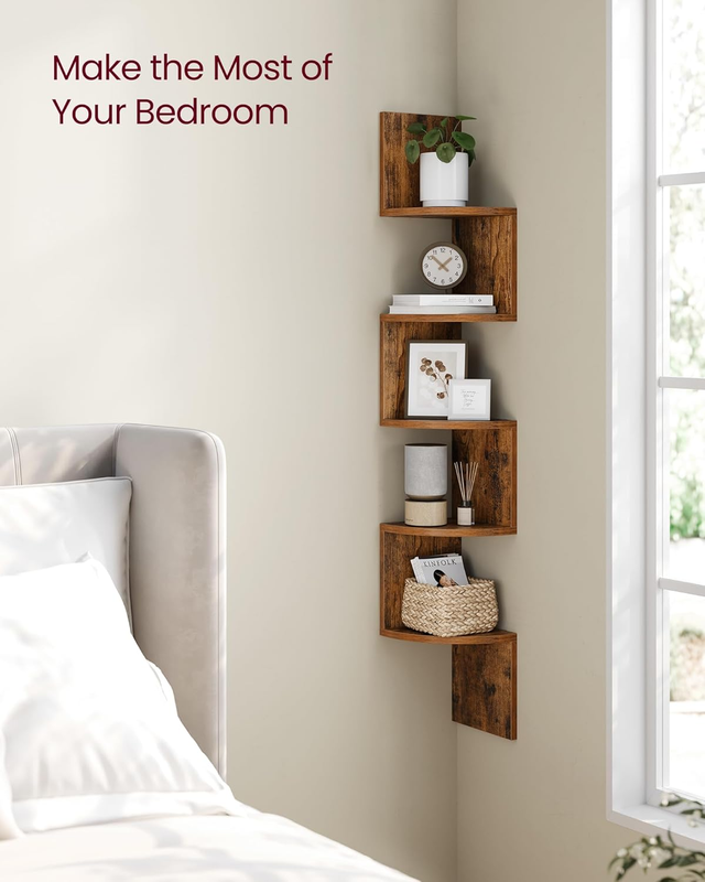 Corner Shelf Wall Mount, 5-Tier Floating Corner Bookshelf, Plant Shelf for Bedro