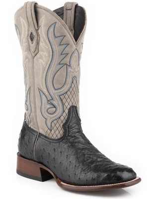 Pre-owned Stetson Men's Ozzy Exotic Full Quill Ostrich Western Boot Broad Square Toe - In Black