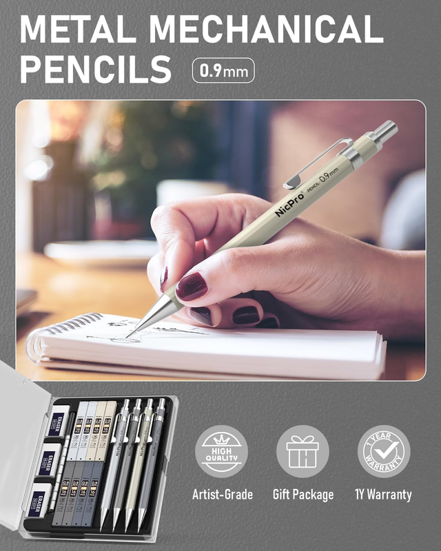 4PCS Metal Mechanical Pencils Set 0.9mm, Lead Drafting Pencil 0.9 mm with 8 Tube