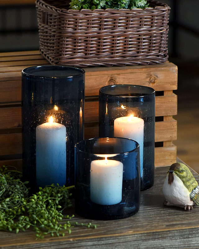 Glass Hurricane Pillar Candle Holders Hand Blown Blue Vases Set 3 Mod Farmhouse