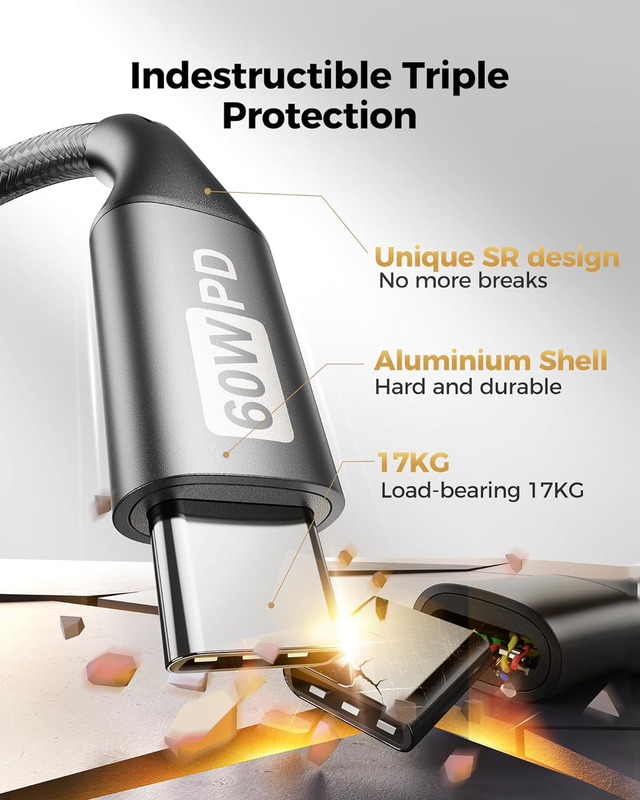 USB C to USB C Cable 60W 3 Pack [6.6ft+3.3ft+1.6ft], PD QC 3.0, Type C Fast Char