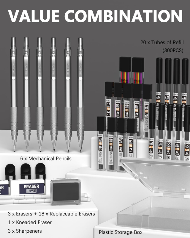 Nicpro 35PCS Metal Mechanical Pencils Set, Art Drafting Pencil 0.5, 0.7, 0.9 Mm 