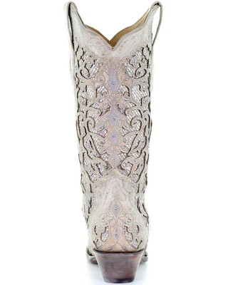 Pre-owned Corral Boots Corral Women's Glitter Inlay And Crystals Wedding Boot - Snip Toe - A3322 In White