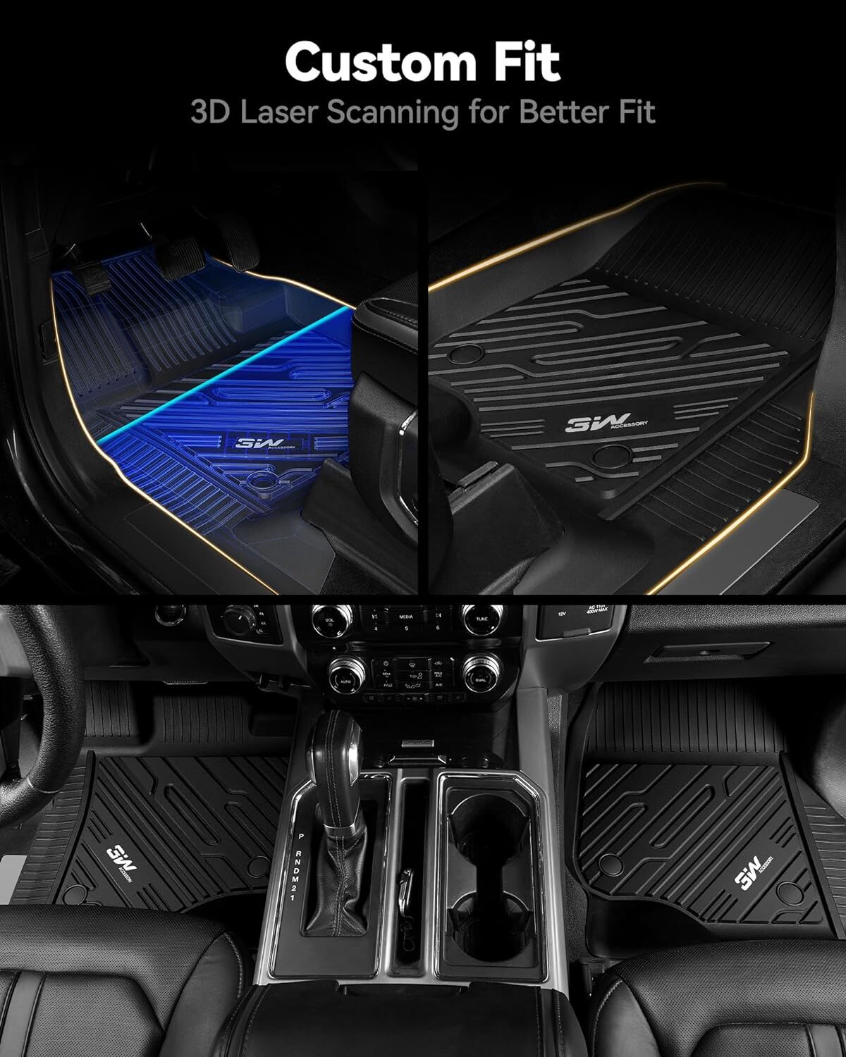3W Floor Mats for 2015-2024 Ford F150 with Storage Super Crew Cab Only TPE Liner