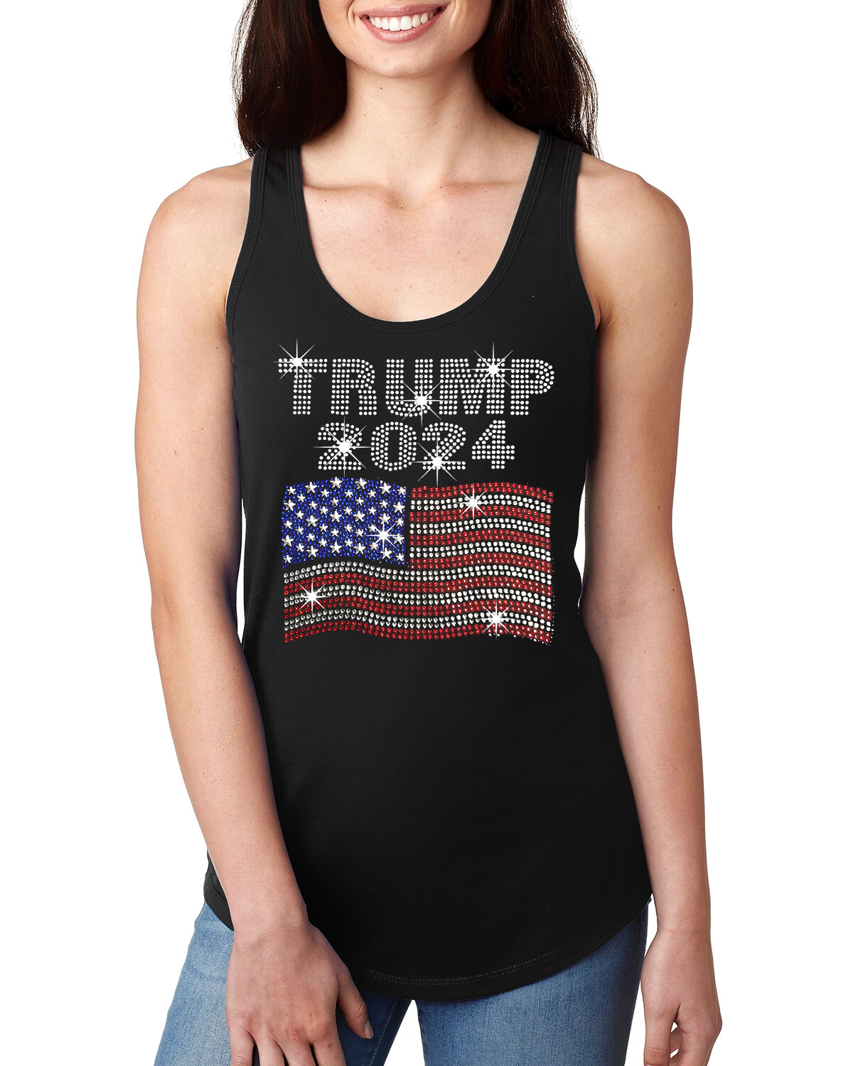 Junior's Rhinestone Trump 2024 USA Flag Racerback Tank Top