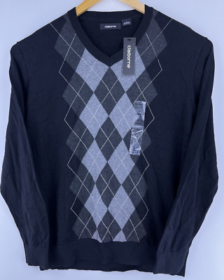 New Claiborne Argyle Sweater Men's V-Neck Black Grey 100% Cotton Lightweight L