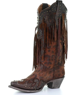 Pre-owned Corral Boots Corral Women's Leopard Stud And Fringe Western Boot - Snip Toe - A3618 In Yellow