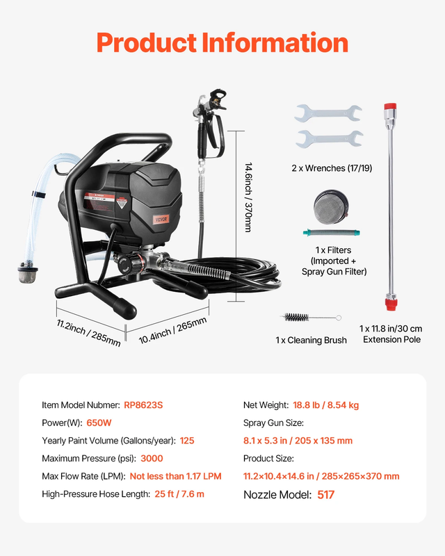 Succebuy Stand Airless Paint Sprayer, 650W High Efficiency Airless Sprayer, 3000