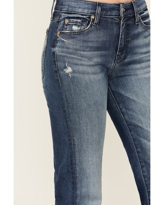 Pre-owned 7 For All Mankind Women's Dark Wash Mid Rise Tailorless Dojo Trouser Jeans - In Blue