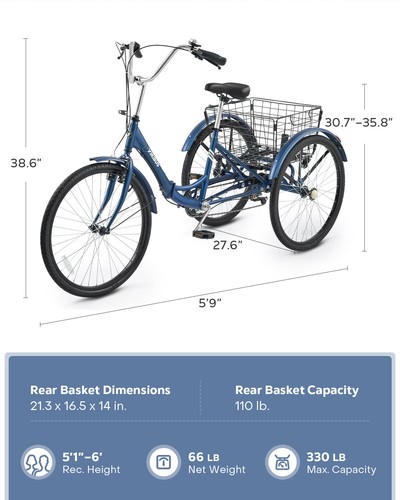 Secondhand 26 Inch 3 Wheel Bike for Adults w Large Detachable Basket  7 Speed