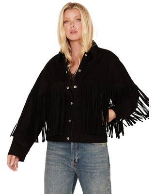 Pre-owned Understated Leather Women's Howling Moon Fringe Jacket - Wjkt105900 In Black