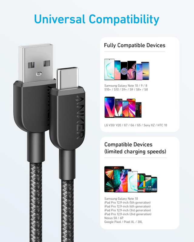 USB A to USB C Cable, Charger Cord (2 Pack, 3FT), for Samsung Galaxy Note 10/S10