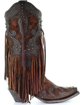 Pre-owned Corral Boots Corral Women's Leopard Stud And Fringe Western Boot - Snip Toe - A3618 In Yellow
