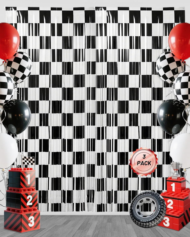 Race Car Foil Fringe Curtain Backdrop Black White 1X2M | 3 Pack, Photo Booth Pro