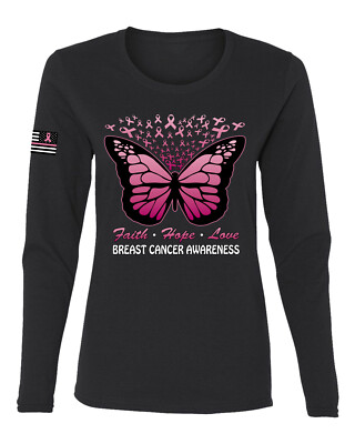 Faith Hope Love Butterfly Ribbons Women Graphic Long Sleeve TShirt