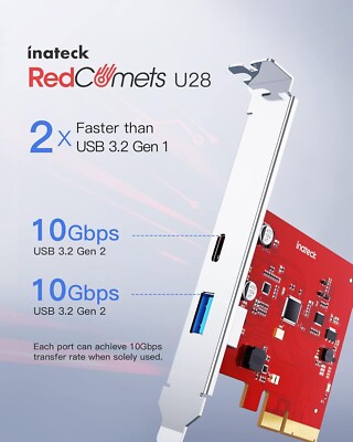 Inateck PCIe to USB 3.2 Gen 2 Expansion Card 2 Ports USB-C 20Gbps RedComets U28