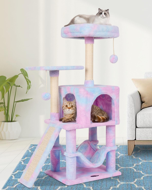 Rainbow Cute Cat Tree for Indoor Cat Tower with Scratching Post Modern Activity House Hammock Hanging Ball Condo with Board
