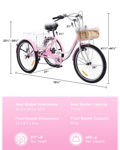 Secondhand Adult Tricycle for Adults 7 Speed Three Wheel Bike Front&Rear Basket