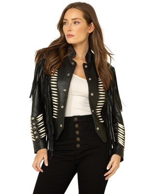 Pre-owned Liberty Wear Women's Fringe Sheep Napa Jacket - 9841-blk In Black