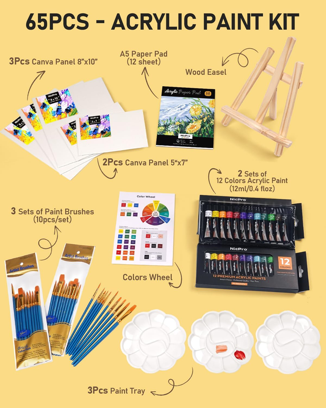 65PCS Acrylic Paint Canvas Set, Kids & Adults Art Painting Supplies Kit with 2 S