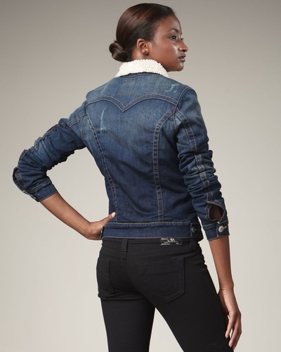 Pre-owned True Religion Jeans Women's Emily Sherpa Denim Jacket Dk Trouble Shooter In Blue